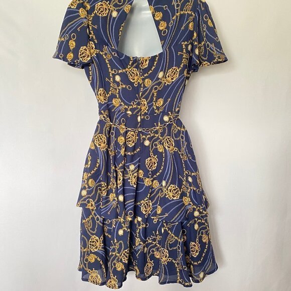 Navy Blue and Gold Chain Print Dress - Picture 5 of 12